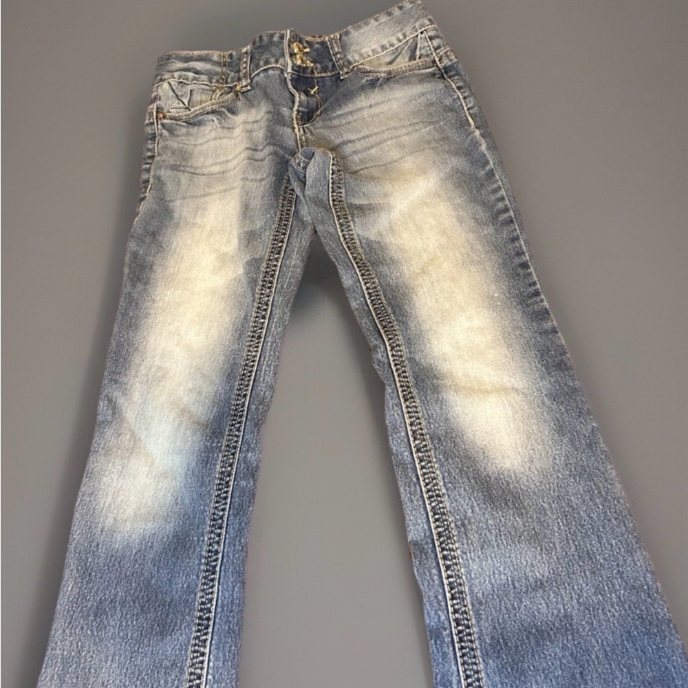 Amethyst Women’s Jeans Size 3 Bootcut Flare Blue Denim Faded Contrast Stitch